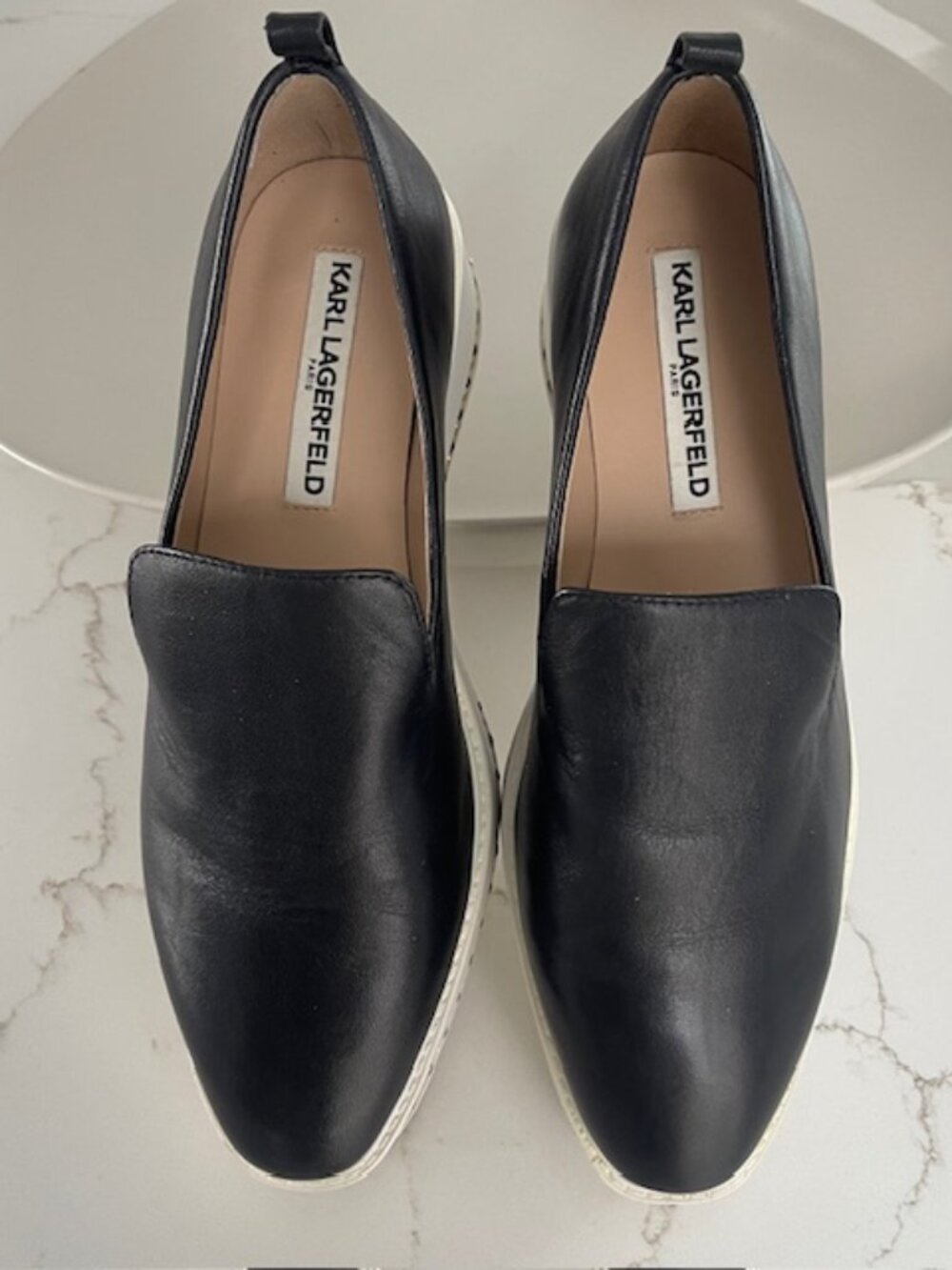Karl Lagerfeld Paris BREA/J18, black leather slip-on, platform loafers, Sz 7M/38